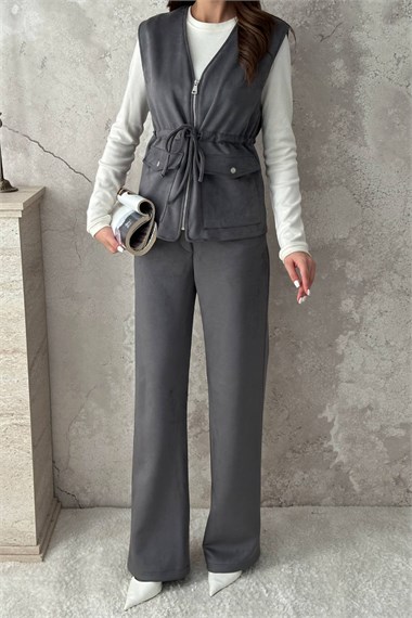Gray Suede Vest And Trousers Set
