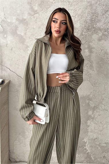Khaki Striped Two-Piece Set