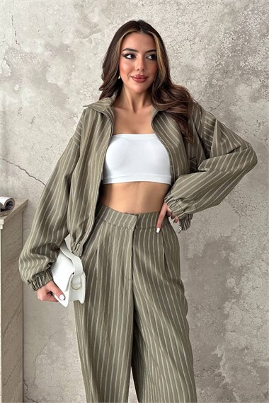 Khaki Striped Two-Piece Set