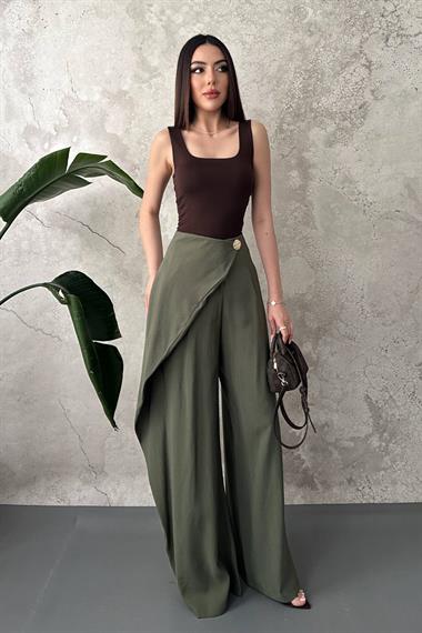 Khaki Trousers With Ruffle Detail