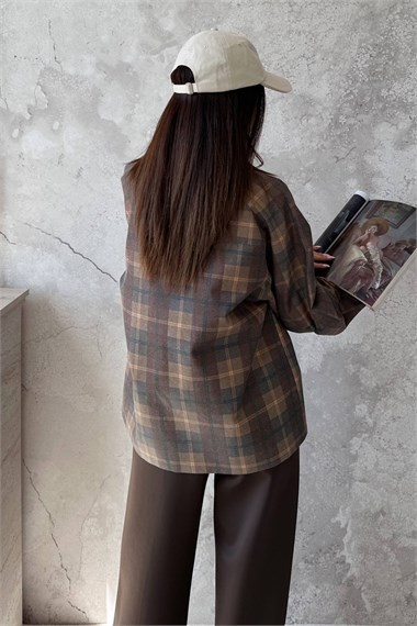 Mustard-Colored Plaid Jacket With Collar Trim