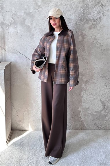 Mustard-Colored Plaid Jacket With Collar Trim