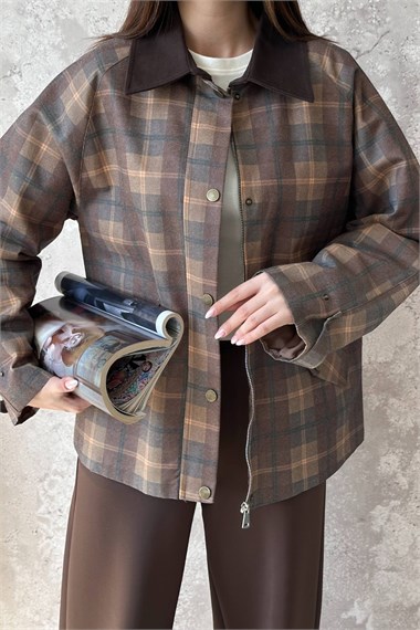 Mustard-Colored Plaid Jacket With Collar Trim