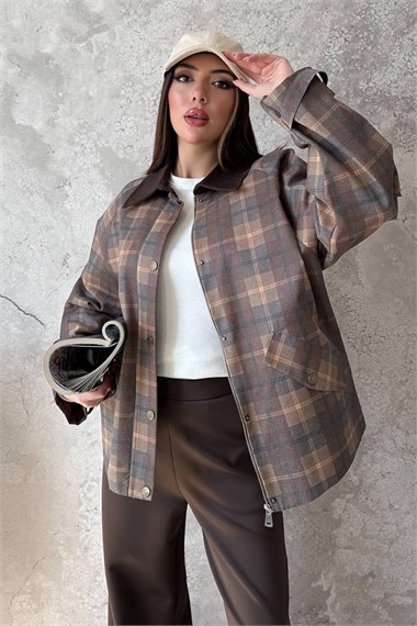 Mustard-Colored Plaid Jacket With Collar Trim