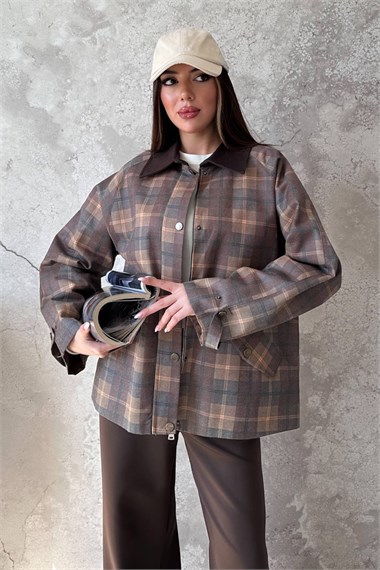 Mustard-Colored Plaid Jacket With Collar Trim