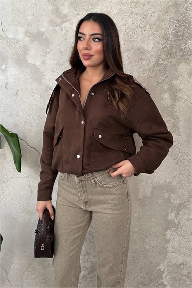 Brown Stand-Collar Short Jacket