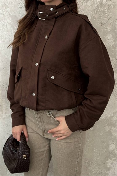 Brown Stand-Collar Short Jacket