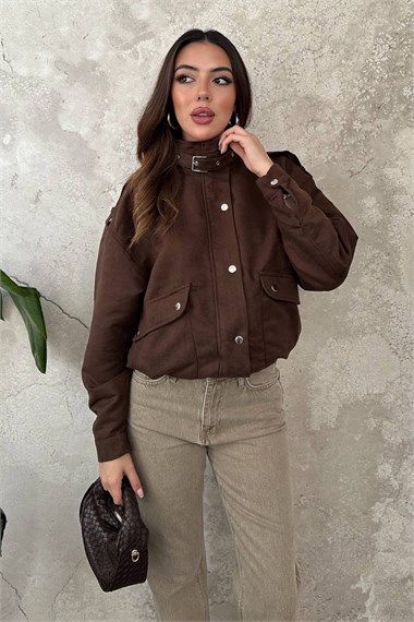 Brown Stand-Collar Short Jacket