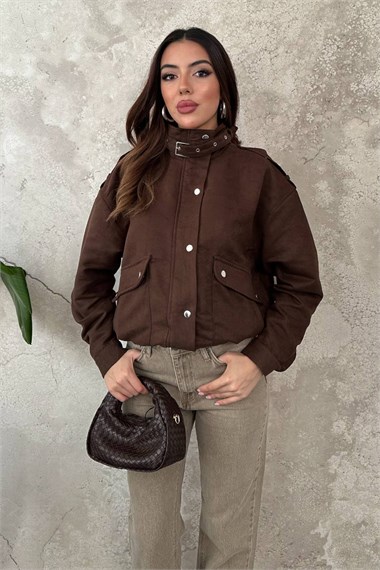 Brown Stand-Collar Short Jacket