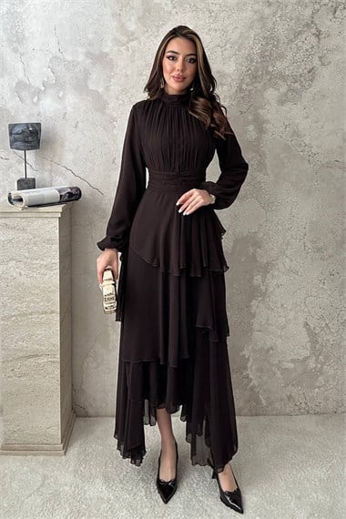 Brown Layered Dress with Waist Detail