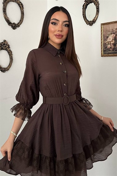 Brown Lace Dress With Button Front
