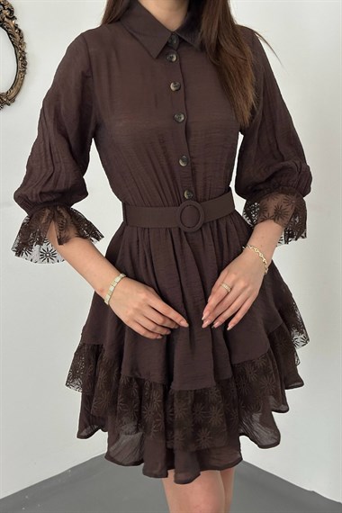 Brown Lace Dress With Button Front