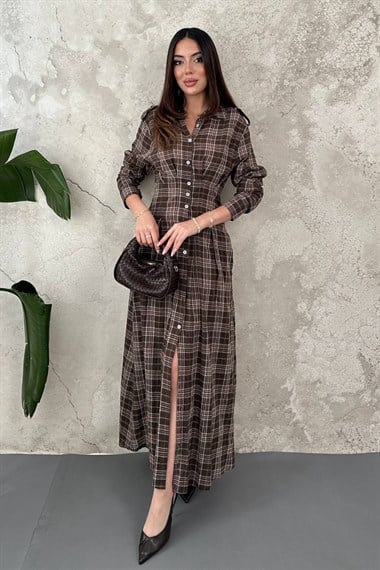 Brown Pleated Plaid Dress