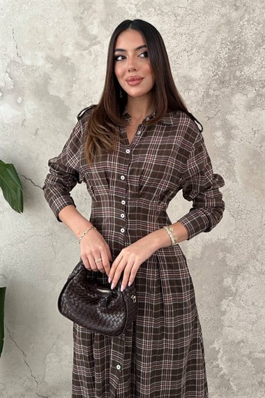 Brown Pleated Plaid Dress