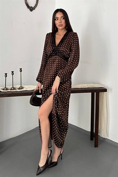 Brown Satin Polka Dot Dress With Lace Details