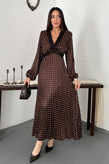 Brown Satin Polka Dot Dress With Lace Details