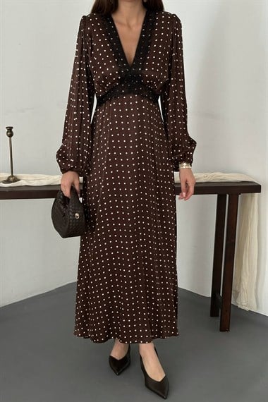 Brown Satin Polka Dot Dress With Lace Details
