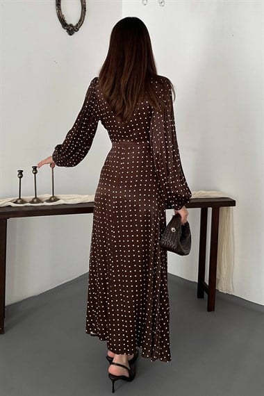 Brown Satin Polka Dot Dress With Lace Details