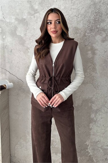 Brown Suede Vest And Trousers Set