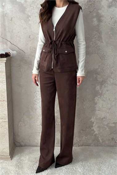 Brown Suede Vest And Trousers Set