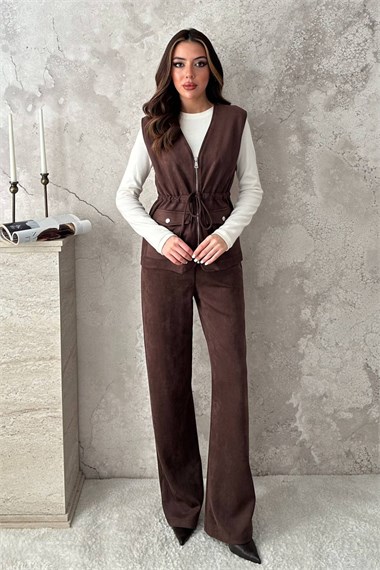 Brown Suede Vest And Trousers Set