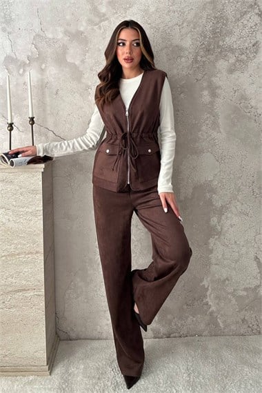 Brown Suede Vest And Trousers Set