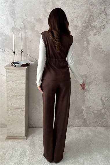 Brown Suede Vest And Trousers Set