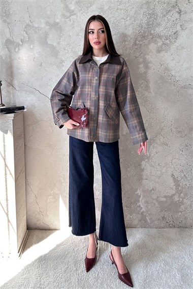 Brown Plaid Jacket With Collar Trim
