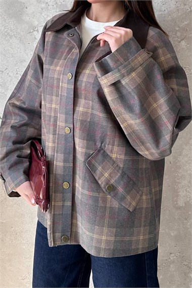 Brown Plaid Jacket With Collar Trim