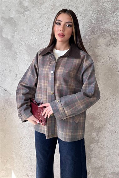 Brown Plaid Jacket With Collar Trim