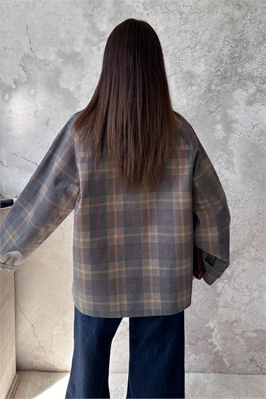 Brown Plaid Jacket With Collar Trim