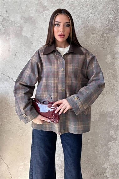 Brown Plaid Jacket With Collar Trim