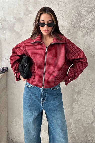 Red Plaid Bomber Jacket