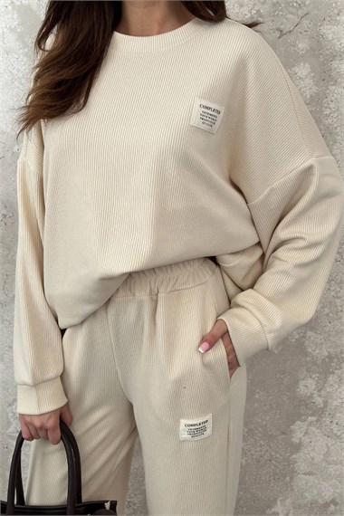 Cream Classic Corduroy Sweater And Pants Set