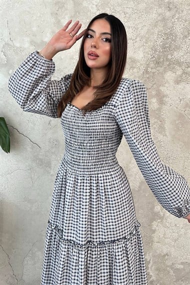 Navy Blue Plaid Covered Yarn Dress