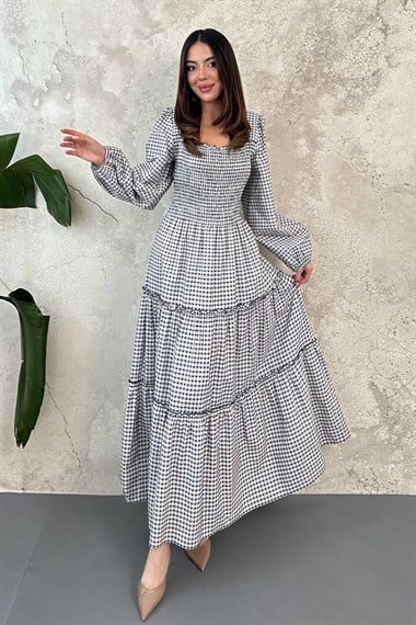 Navy Blue Plaid Covered Yarn Dress