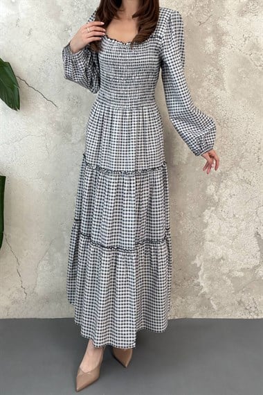Navy Blue Plaid Covered Yarn Dress
