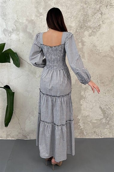 Navy Blue Plaid Covered Yarn Dress