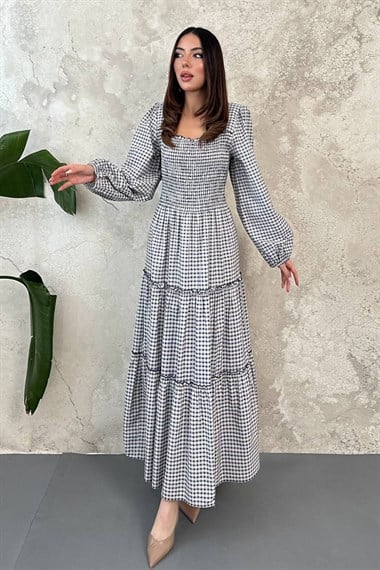 Navy Blue Plaid Covered Yarn Dress