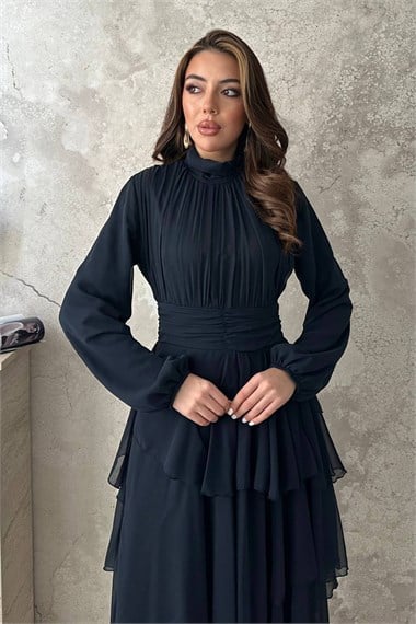 Navy Blue Layered Dress with Waist Detail
