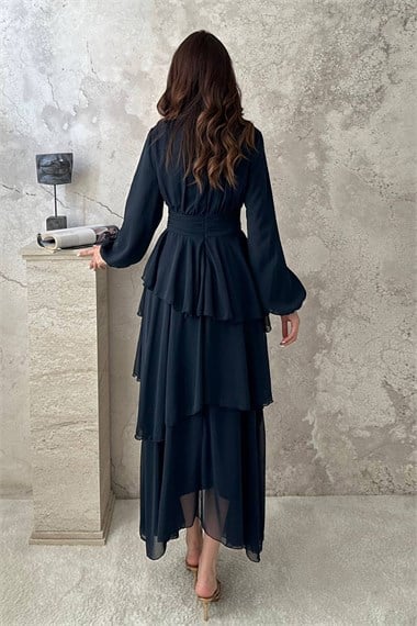 Navy Blue Layered Dress with Waist Detail