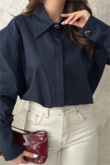 Navy Blue Shirt with Banded Sleeves