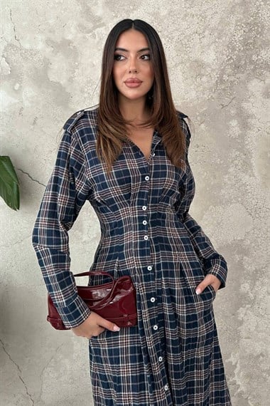 Navy Blue Pleated Plaid Dress