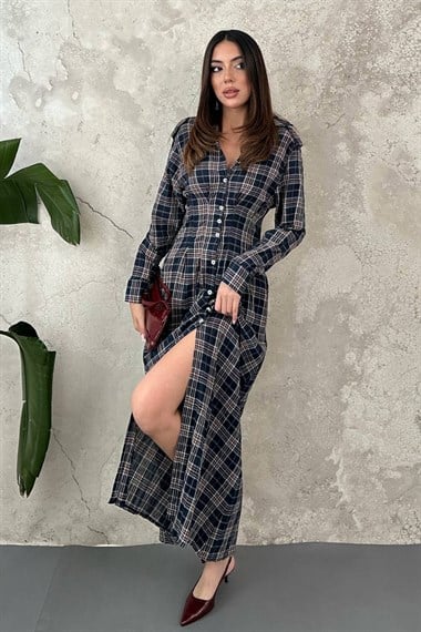 Navy Blue Pleated Plaid Dress