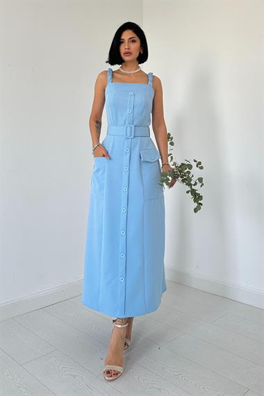Lastik Askılı ve Kemerli Elbise - Mavi