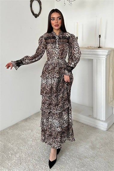 Leopar Pilise Detaylı Lastikli Elbise