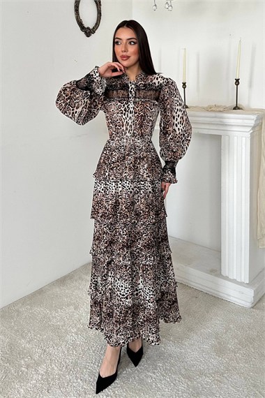 Leopar Pilise Detaylı Lastikli Elbise