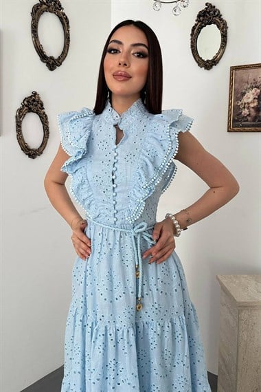 Blue Ruffled Buttoned Dress