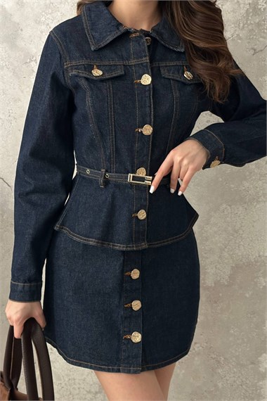 Blue Denim Jacket And Skirt Set With Gold Buttons