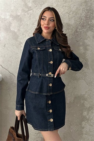 Blue Denim Jacket And Skirt Set With Gold Buttons